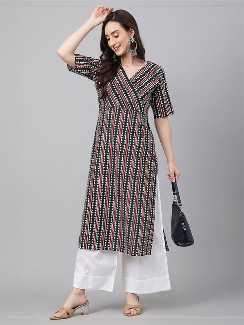 Black Cotton Geometric Printed Straight Kurta